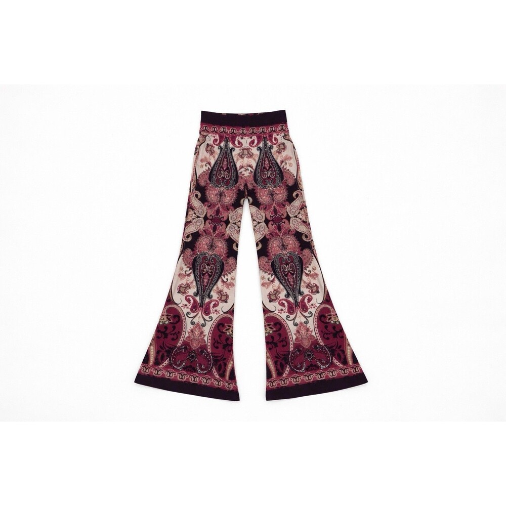 Paisley Flare Pants Silky Boho 70s High Rise Side Zip Festival Pants Size 6 - Picture 3 of 8